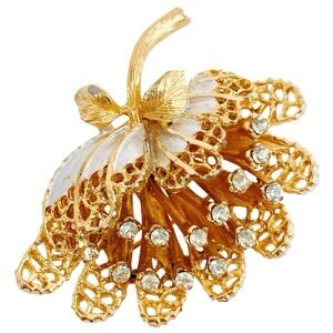 VTG Signed BSK Brooch Mid Century Gold Tone Leaf Rhinestone Layered Pin